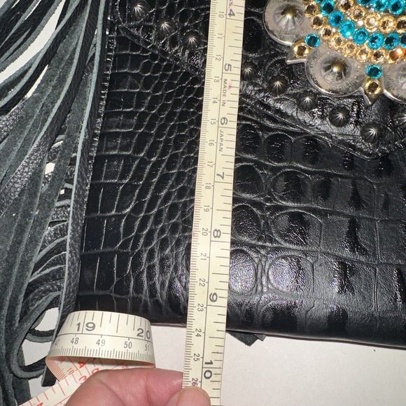 Raviani Fringe Satchel Bag In Black Alligator Embossd Leather Crystal Flower NWT - Picture 9 of 14